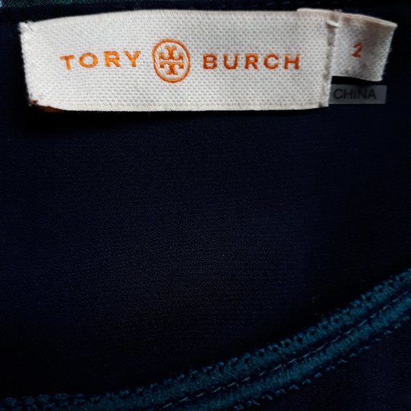 Tory Burch Navy Blue Green and White Silk Blouse - Picture 6 of 14